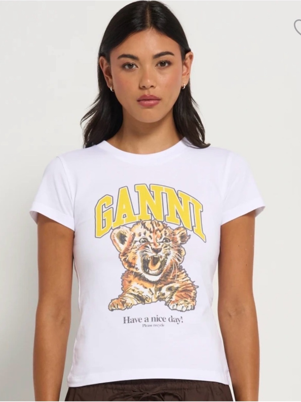 Ganni White Short-Sleeve Tee with Yellow Logo and Tiger Graphic